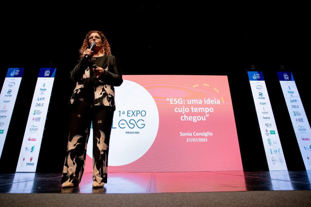 Imagem da jornalista Sônia Consiglio, palestrando na Expo ESG