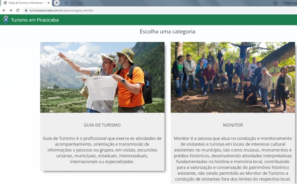 Imagem reproduz site do Turismo de Piracicaba com links para contatos com guias de turismo profissionais e monitores de atrativos turísticos