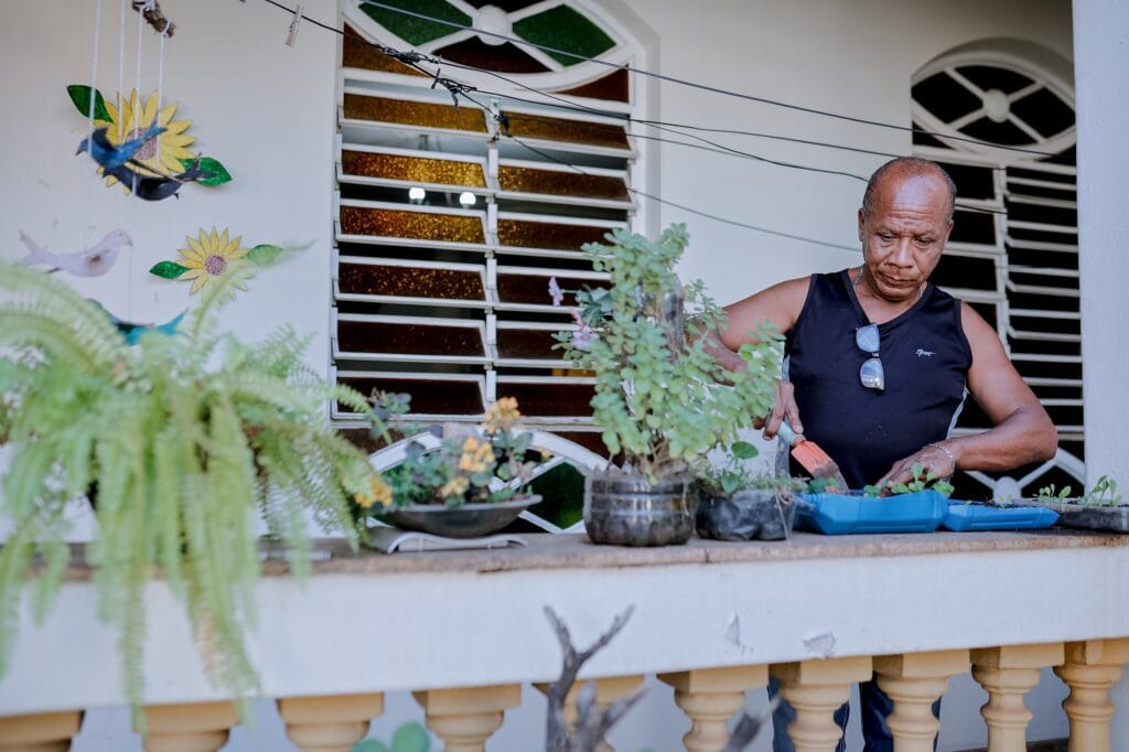 Soledade está em pé, atras de diversos vasos de hortaliças e flores. Ele também cuida da horta que os moradores criaram