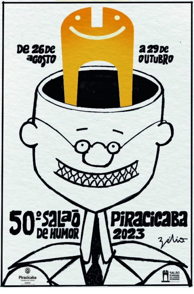 Cartaz da 50ª edição do Salão de Humor de Piracicaba, com o desenho de um homem com a tampa da cabeça aberta saindo uma figura risonha de um rosto de dentro da cabeça