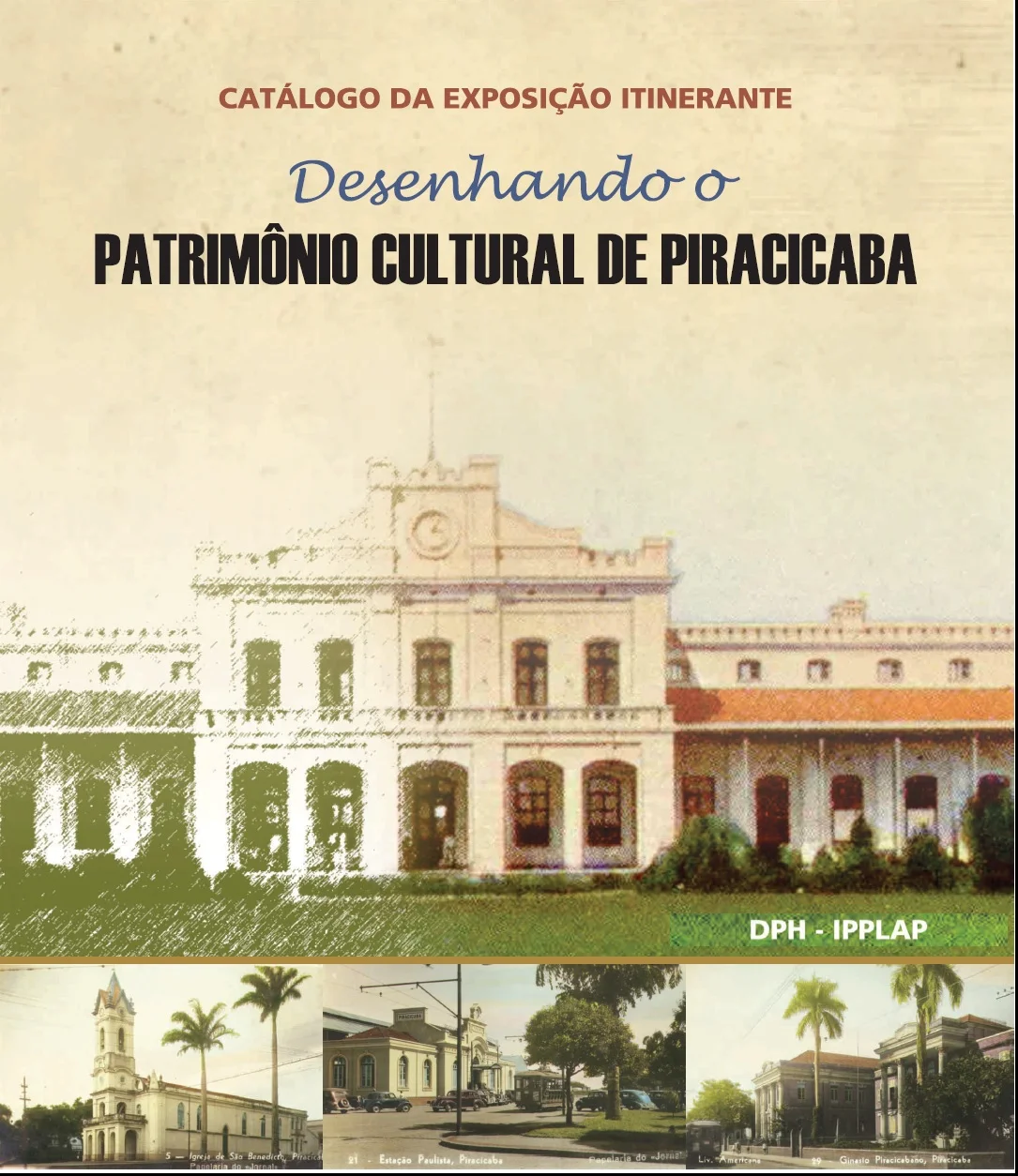 Capa do catálogo, com desenhos de prédios históricos de Piracicaba