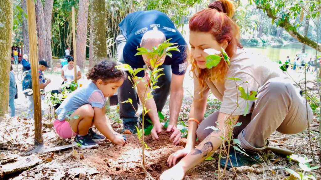 Imagem de uma mulher, um homem e uma criança plantando uma árvore na terra