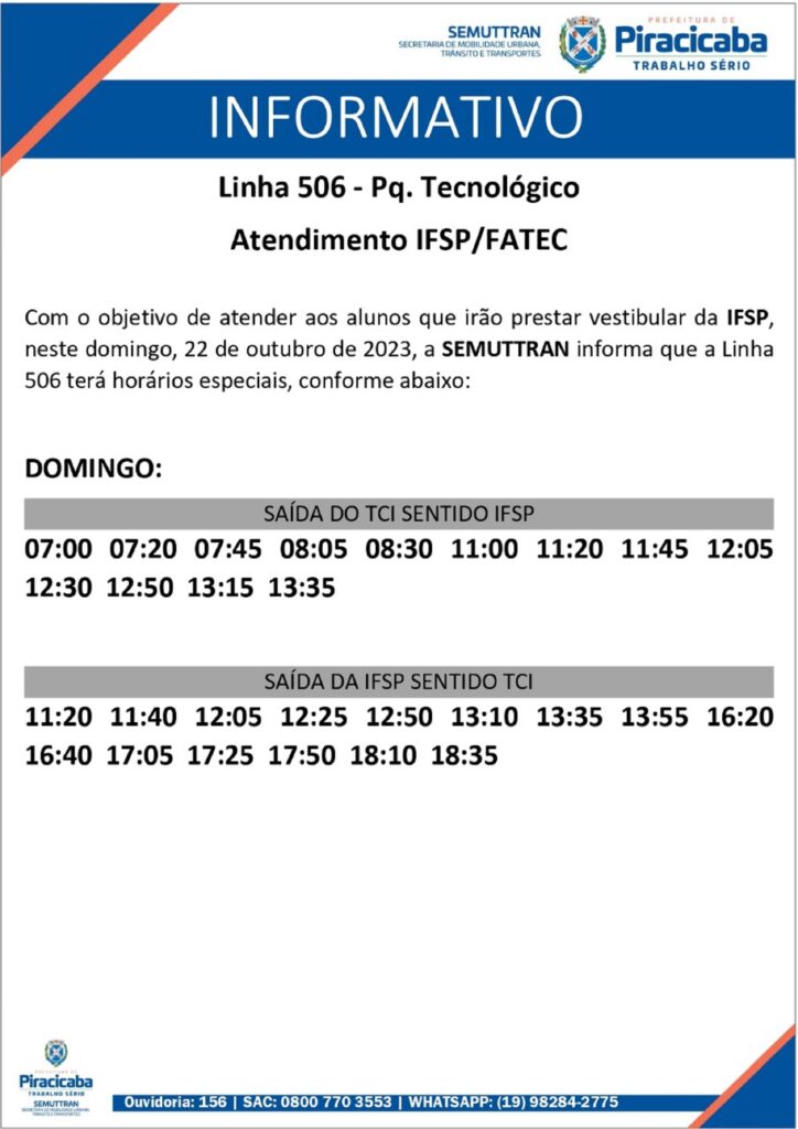 Prefeitura amplia horários das linhas 503 – Santa Rosa, 1100 – Perimetral e  Fatec/IFSP – Portal do Município de Piracicaba