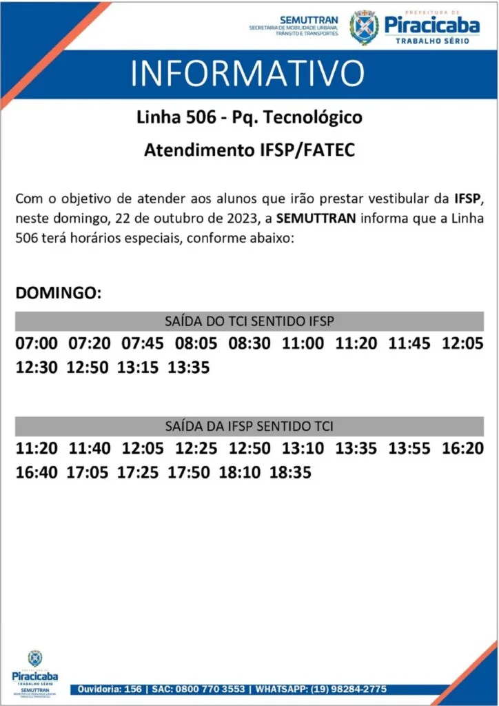 Informativo da Semuttran cosm horários dos ônibus da linha Parque Tecnológico.
