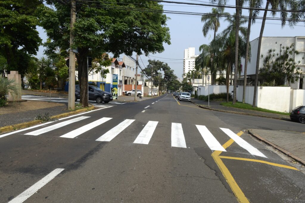 Faixas de pedestre na cor branca, em avenida.