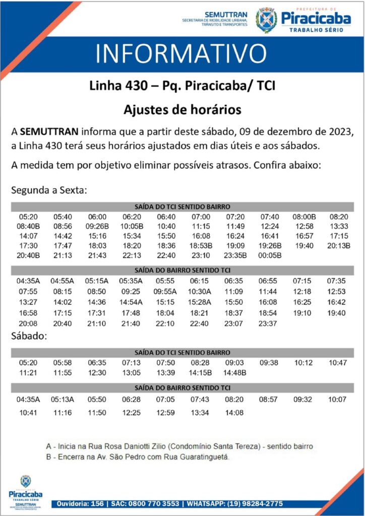 Transporte público: linha de ônibus 430 – Parque Piracicaba/TCI tem ajustes  de horários – Portal do Município de Piracicaba