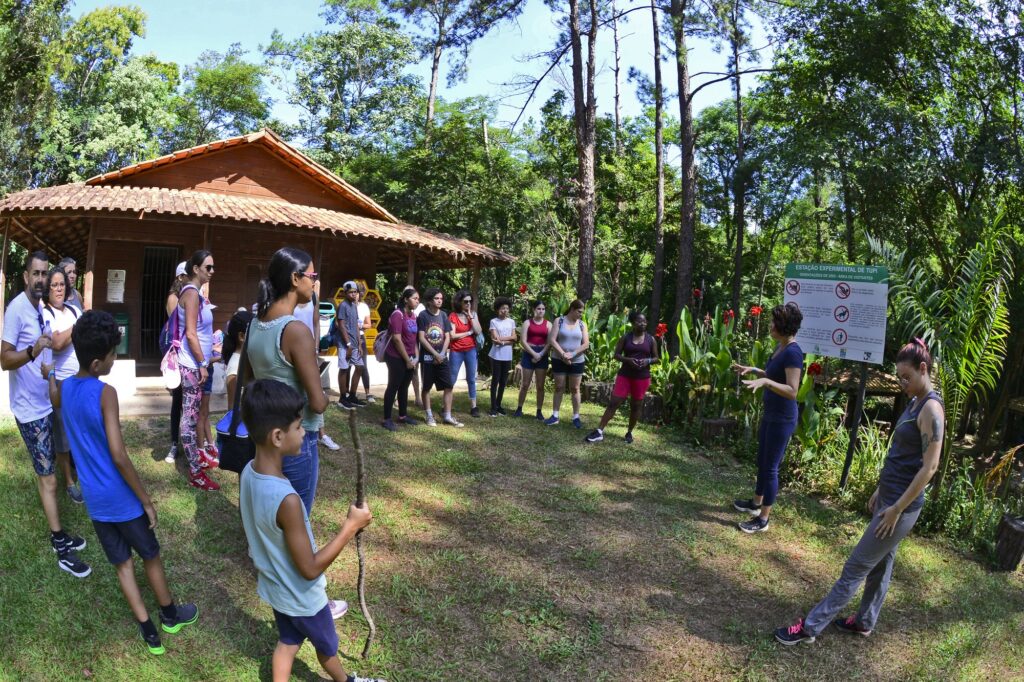 pessoas em pé observando mulher explicando sobre o local