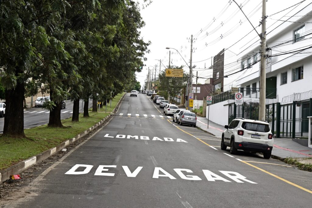 Reforço da sinalização horizontal com as palavras Lombada e Devagar, no asfalto, na cor branca.