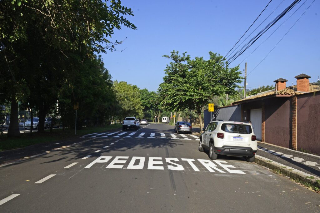 Via com sinalização em ciclofaixa e com a palavra Pedestre na cor branca escrito no asfalto.