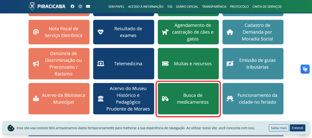 1-No site da Prefeitura, o usuário deve ir até acesso rápido e clicar em Busca de Medicamentos