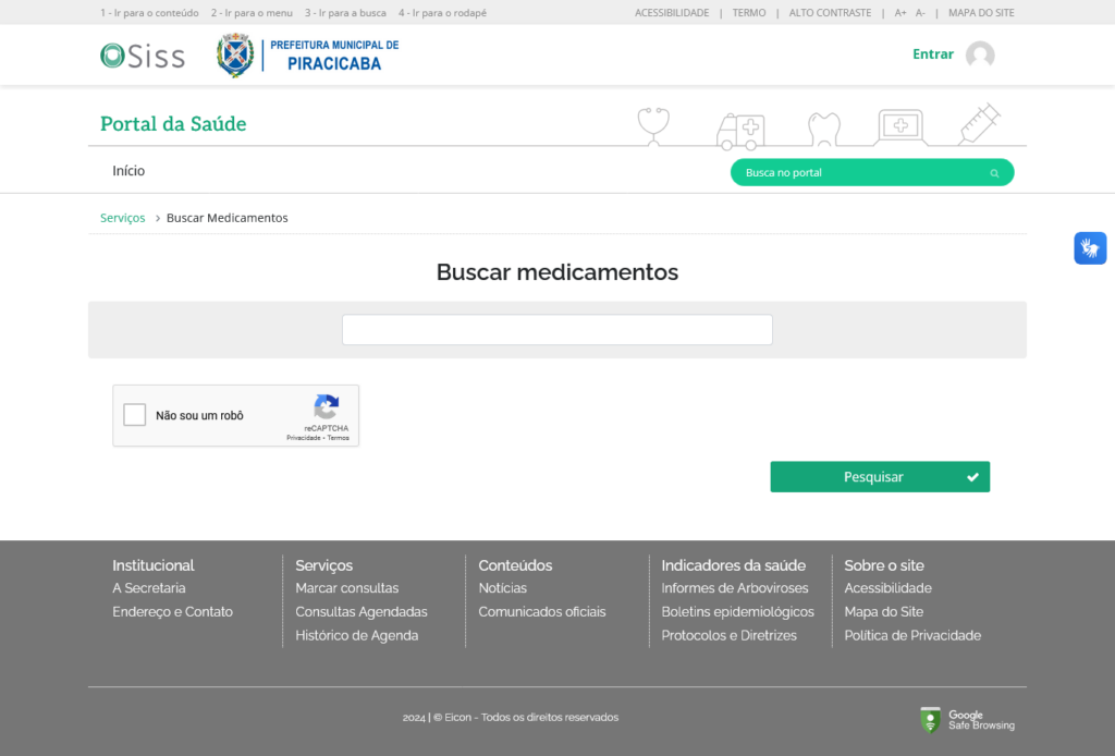 2-Nesta página, os munícipes deverão digitar a descrição do medicamento ou insumo, sem utilizar o nome comercial, para assim o sistema disponibilizar os estoques das farmácias