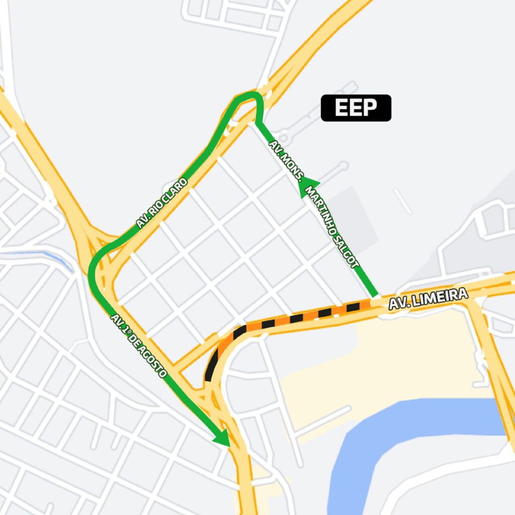 Mapa de alternativas de trânsito na avenida Limeira.