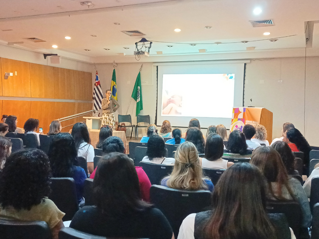 Ao fundo, Fabíola Cassab fala sobre amamentação