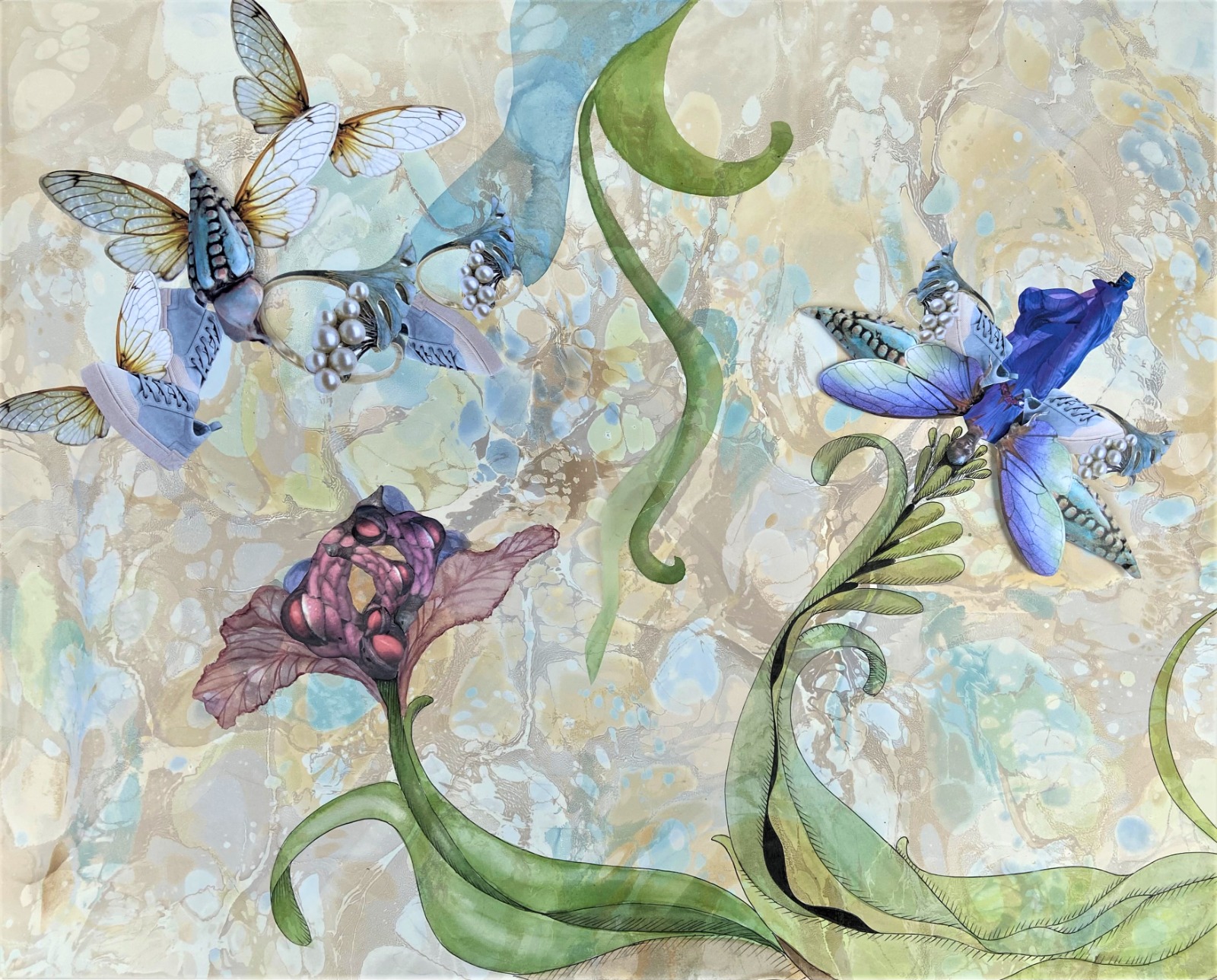 Parte da obra Natureza Resiliente XI, de Patrícia Ribeiro, com a técnica de marmorização