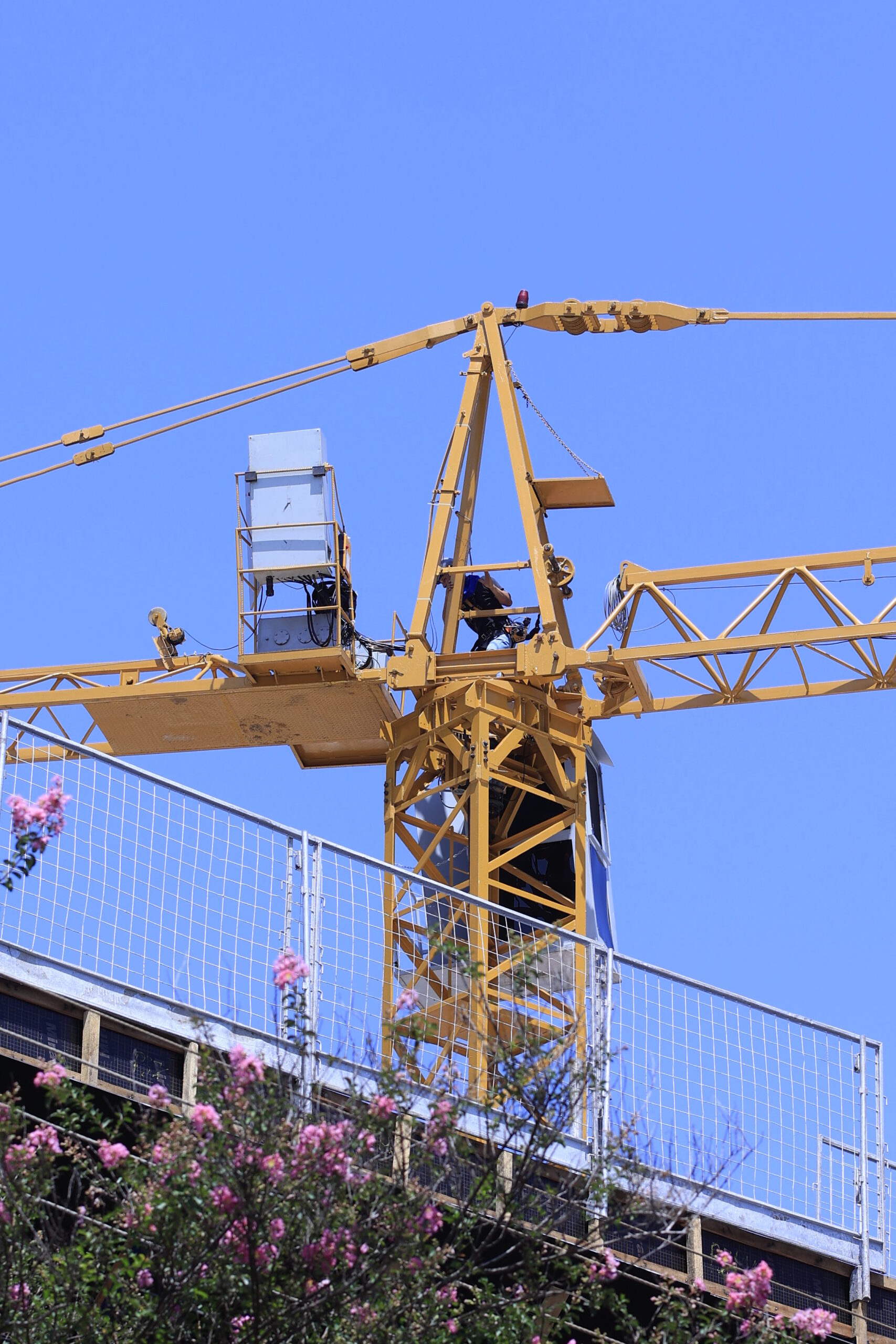 A imagem mostra uma grua de construção amarela contra um céu azul claro. Um trabalhador está visível na cabine da grua. A grua está posicionada em cima de um edifício em construção, que está parcialmente cercado por uma cerca de malha metálica. Uma sebe florida está visível na parte inferior da imagem.