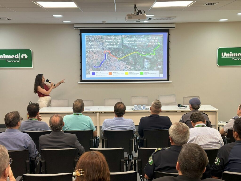 A imagem mostra uma apresentação em uma sala de conferências. Uma mulher está dando uma apresentação sobre um projeto de desenvolvimento. A apresentação inclui um mapa e um gráfico. Há muitas pessoas na audiência. A sala tem uma placa com o nome "Unimed Piracicaba".