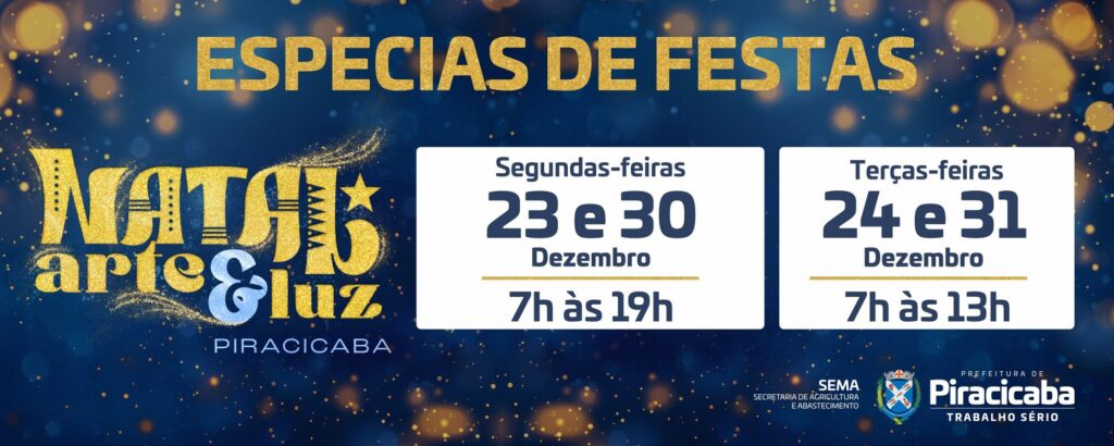 Banner de divulgaçção do Especial de Festas, com fundo azul marinho e detalhes da letras em amarelo. Ao lado com fundo branco e letras em azul escuro, estão as datas dos dias que acontecerão o varejão.
