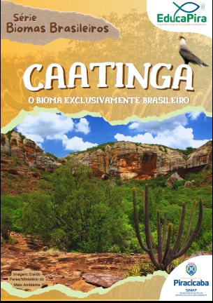 A imagem mostra uma paisagem desértica com rochas avermelhadas e vegetação esparsa. O céu está parcialmente nublado. No canto superior esquerdo, há um título que diz "Série Biomas Brasileiros" e no centro, em letras grandes, "CAATINGA", com a frase "O BIOMA EXCLUSIVAMENTE BRASILEIRO" embaixo. Há também um logotipo da EducaPira e da Piracicaba no canto inferior direito. A imagem é colorida e tem uma boa resolução. A composição é equilibrada, com a paisagem ocupando a maior parte do espaço. As cores são quentes e terrosas, predominando tons de vermelho, marrom e verde.