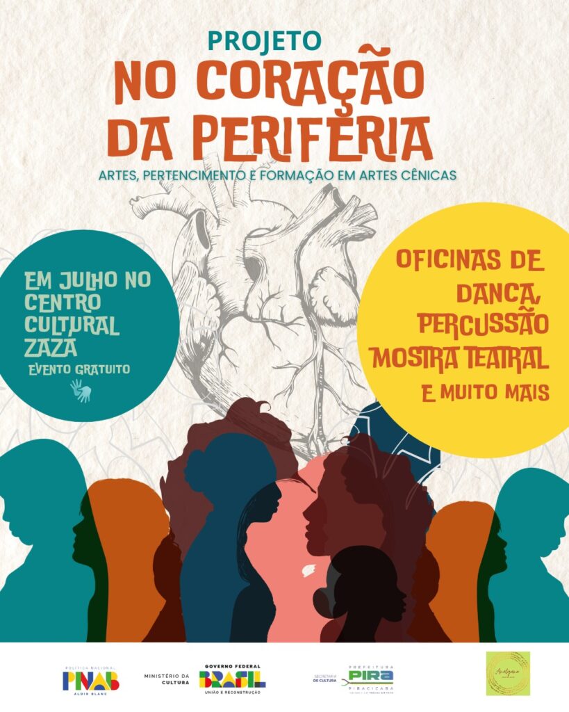 Cartaz ilustrado em tons vibrantes. Ao centro, há a imagem de um coração anatômico desenhado em linha. Ao redor, perfis coloridos de pessoas em sobreposição, representando diversidade. Em destaque, os dizeres: “Projeto No Coração da Periferia – Artes, pertencimento e formação em artes cênicas”. À esquerda, um balão azul anuncia “Em julho no Centro Cultural Zazá – Evento gratuito”. À direita, um balão amarelo informa: “Oficinas de dança, percussão, mostra teatral e muito mais”. Rodapé com logotipos da Política Nacional Aldir Blanc, Governo Federal, Prefeitura de Piracicaba, Secretaria de Cultura e Associação Ação Cultural Afro-Brasileira.