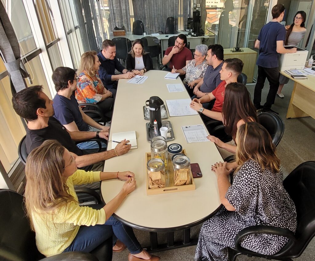 A foto mostra um grupo de 14 pessoas sentadas em torno de uma mesa oval em uma sala de reuniões. A sala parece ser um escritório, com janelas grandes que deixam entrar muita luz natural. A mesa está coberta com documentos, canetas, uma cafeteira e alguns biscoitos. As pessoas na foto parecem estar em uma reunião, algumas estão olhando para a câmera, outras estão envolvidas em conversas. Há uma mistura de homens e mulheres, com idades variadas. Eles parecem ser um grupo diverso, com diferentes origens étnicas e estilos de vestuário. O ambiente geral parece ser profissional e amigável. A imagem sugere que a reunião é importante, dado o número de pessoas presentes e a quantidade de papéis na mesa. A luz natural e a disposição das pessoas contribuem para uma atmosfera acolhedora e produtiva. A foto provavelmente foi tirada para documentar a reunião ou para capturar um momento entre colegas de trabalho.