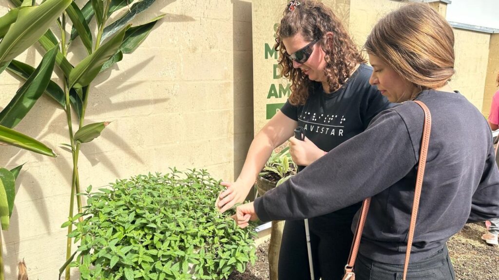 A imagem mostra duas mulheres em um jardim, perto de uma parede de tijolos de cor bege. Uma mulher está usando uma bengala branca e está tocando as folhas de uma planta com a outra mulher. A mulher com a bengala está usando uma camiseta preta com o texto "A Vistar" e um código braile. A outra mulher está usando uma camiseta preta e uma bolsa de ombro. Há uma variedade de plantas ao redor delas, incluindo uma planta de gengibre e uma planta de hortelã. O fundo é um pouco desfocado, mas parece haver um prédio e algumas outras pessoas ao longe. A iluminação sugere que a foto foi tirada ao ar livre durante o dia. A cena geral transmite uma sensação de interação amigável e de ajuda mútua.