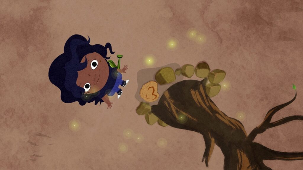 A imagem mostra uma menina de pele morena com cabelo escuro e cacheado, vestindo uma blusa azul e calça jeans. Ela está sorrindo e olhando para cima, com um regador verde nas costas. Ao lado dela, há um tronco de árvore marrom com galhos e folhas verdes. O chão é de cor marrom-avermelhada, com algumas pedras verdes e um pedaço de madeira com o número "3" gravado. Vários pontos de luz amarela, que parecem ser vaga-lumes, estão espalhados pela cena, criando uma atmosfera mágica. A menina parece estar em um ambiente natural, possivelmente um jardim ou floresta.