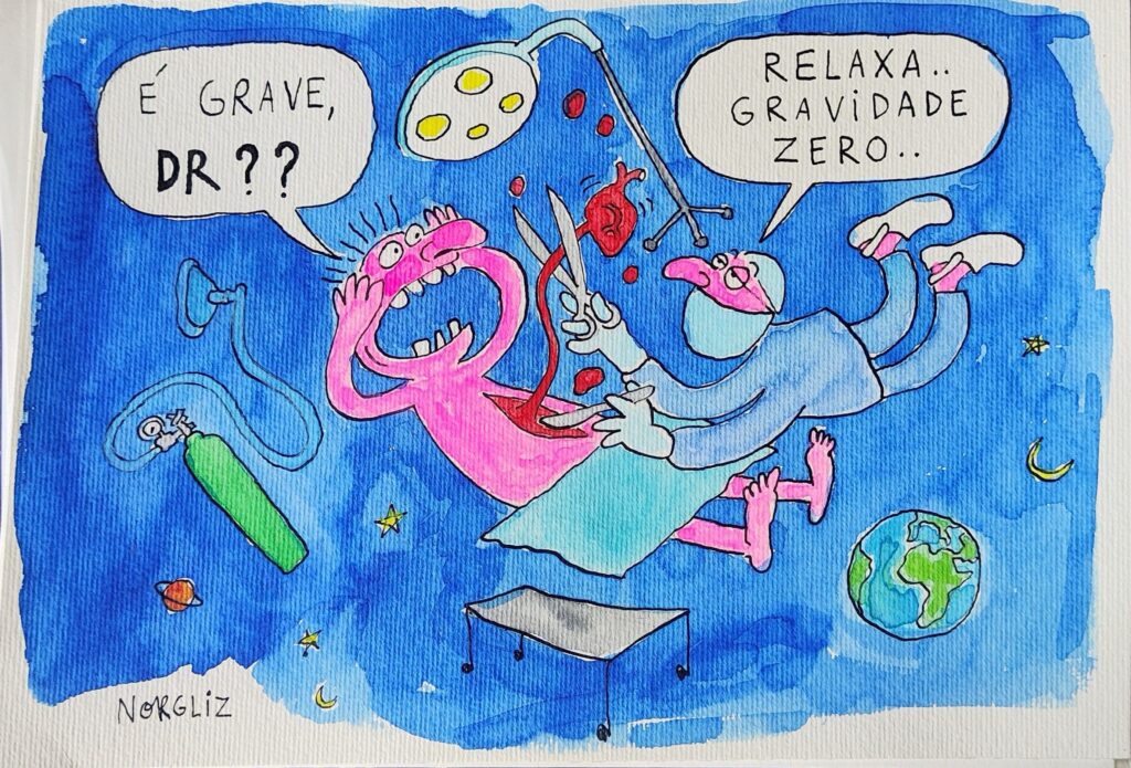 A imagem mostra duas figuras um médico e um paciente em consulta no espaço. A figura de um boneco rosa mostra medo ao ter o seu cordão umbilical cortado por uma figura homem vestido de azul que segura em sua mão direita uma tesoura.