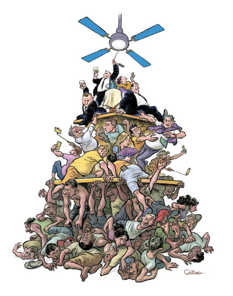 A imagem mostra diversos personagens um em cima do outro, sendo os que estão no topo aparece um senhor de camiseta branca e paletó preto segurando um lustre.