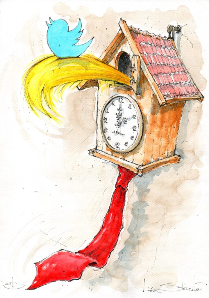 O desenho em aquarela retrata um relógio cuco estilizado, com um toque moderno e humorístico. No topo do relógio, em vez do tradicional pássaro cuco, está o icônico pássaro azul do Twitter, posicionado para sair da janela do relógio. De sua boca, emana uma longa e vibrante crina amarela, que parece ser uma representação visual do fluxo constante e rápido de informações e tweets que caracterizam a plataforma. O relógio em si é um design clássico de cuco, com um mostrador redondo exibindo números romanos e ponteiros que indicam um horário específico. Abaixo do relógio, um lenço vermelho vibrante e esvoaçante substitui o pêndulo ou a corrente usual. Ele cai em cascata, dando a impressão de movimento e adicionando um elemento de surpresa e irreverência à imagem. O fundo é um tom neutro e texturizado, que permite que os elementos coloridos do relógio e do pássaro do Twitter se destaquem. A obra é assinada no canto inferior direito.