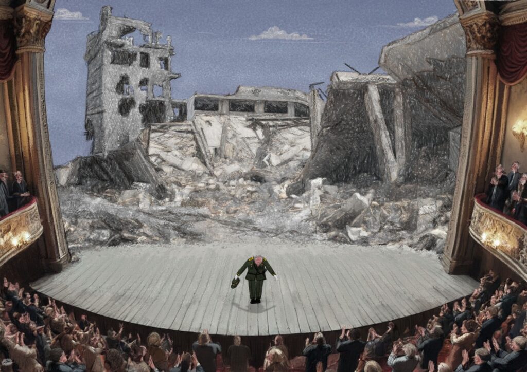 A imagem retrata um cenário surreal e impactante, onde um palco de teatro tradicional, com suas cortinas de veludo e assentos lotados, serve como moldura para uma paisagem desoladora de destruição. No fundo do palco, em vez de um cenário pintado, erguem-se as ruínas de edifícios bombardeados, com estruturas de concreto desmoronadas e escombros espalhados. O céu azul com nuvens claras contrasta com a devastação, criando uma dissonância visual. No centro do palco, um homem vestido com uniforme militar, possivelmente um general, faz uma reverência para a plateia, segurando seu chapéu. A plateia, por sua vez, aplaude entusiasticamente, como se estivesse assistindo a uma performance teatral. Essa justaposição de um evento militar com a atmosfera de um teatro levanta questões sobre a natureza da guerra, a percepção pública, e a possível glorificação ou banalização da violência.