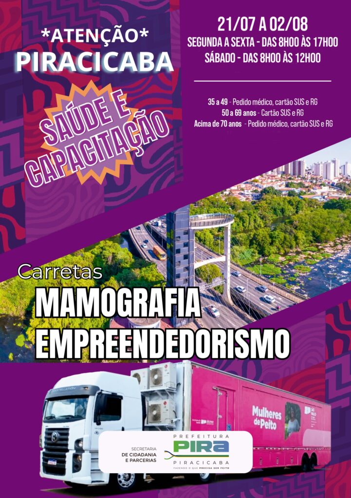 A imagem é um pôster anunciando um evento em Piracicaba, de 21/07 a 02/08. O evento oferece serviços de saúde e capacitação, incluindo mamografia em carretas móveis. O pôster destaca a frase "ATENÇÃO PIRACICABA", em letras grandes e coloridas, sobre um fundo roxo com padrões geométricos. Abaixo, há a frase "SAÚDE E CAPACITAÇÃO", também em destaque. Há informações sobre os horários de funcionamento do evento: segunda a sexta, das 8h às 17h, e sábado, das 8h às 12h. São fornecidas instruções sobre a documentação necessária para a mamografia, dependendo da faixa etária: 35 a 49 anos (pedido médico, cartão SUS e RG); 50 a 69 anos (cartão SUS e RG); acima de 70 anos (pedido médico, cartão SUS e RG). A imagem mostra duas carretas, uma delas claramente identificada como unidade móvel de mamografia, com a logo da prefeitura de Piracicaba e a frase "Mulheres de Peito". A imagem também inclui uma vista aérea de Piracicaba, mostrando a cidade e uma ponte. O pôster é profissionalmente projetado, com cores vibrantes e uma tipografia clara e legível. A mensagem principal é a oferta de serviços de saúde e capacitação gratuitos ou de baixo custo para a população de Piracicaba.