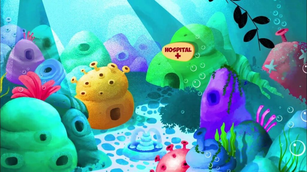 A imagem mostra uma cena subaquática vibrante e imaginativa, com uma variedade de corais e criaturas marinhas estilizadas. As formações de corais são coloridas e apresentam formas orgânicas, algumas com aberturas que sugerem casas ou cavernas. Há um coral em forma de esponja amarela, e outros com tons de roxo, verde e azul. Um pequeno hospital subaquático é visível, com a placa “HOSPITAL +” indicando sua função. A água é representada por tons de azul e turquesa, com bolhas dispersas pela cena. A iluminação sugere uma fonte de luz vinda de cima, criando um efeito de profundidade. O estilo geral é lúdico e fantasioso, evocando uma atmosfera encantada e amigável.