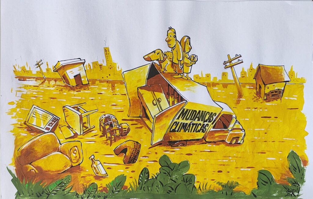 A imagem é uma ilustração que retrata os efeitos das mudanças climáticas. Ela mostra uma família em cima de um caminhão marcado com a frase "Mudanças Climáticas", rodeada por uma paisagem inundada. Há móveis e objetos flutuando na água, e casas estão submersas. A cena sugere a destruição e o deslocamento causados por eventos climáticos extremos. O estilo da ilustração é caricatural, com cores vibrantes, principalmente tons de amarelo e marrom, que reforçam a ideia de inundação e calor. A imagem transmite uma mensagem de alerta sobre a urgência de se enfrentar as mudanças climáticas.