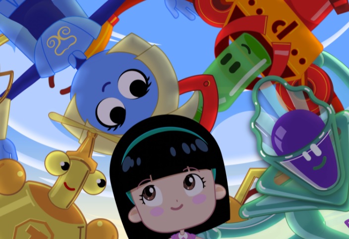 Cena colorida de animação com garotinha de cabelo preto e franja rodeada por personagens robóticos de formas e cores diversas.