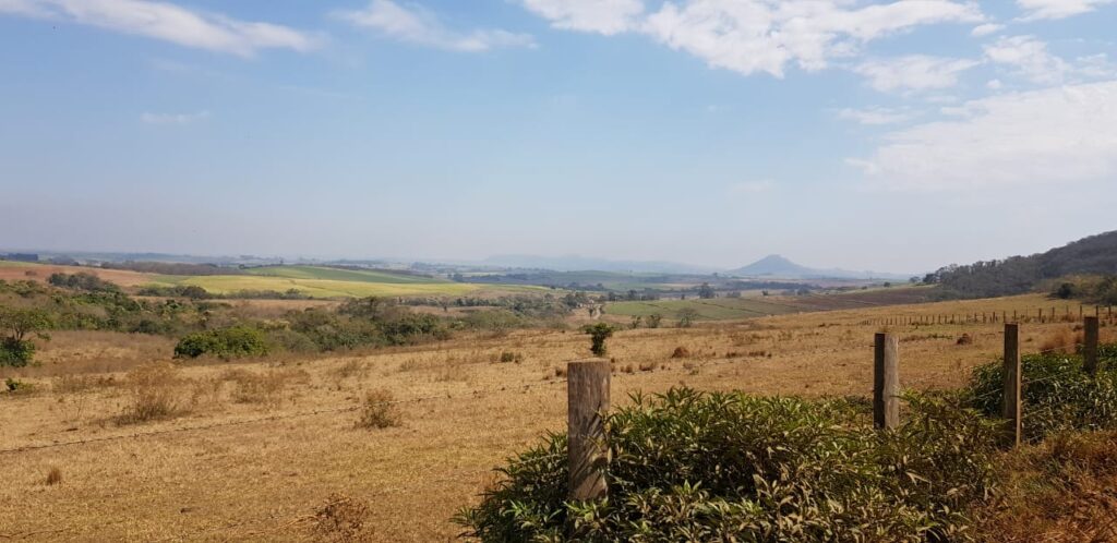 A imagem exibe uma vasta paisagem rural sob um céu azul com algumas nuvens esparsas. O primeiro plano é dominado por um campo de grama seca e amarelada, com alguns arbustos verdes crescendo perto de postes de madeira e arame farpado, sugerindo uma cerca.Ao fundo, o terreno se estende em colinas suaves, alternando entre áreas de vegetação seca, campos verdes cultivados e algumas áreas de terra marrom. A vegetação é variada, com árvores e arbustos dispersos, especialmente em declives e vales. Ao longe, montanhas azuladas e nebulosas marcam o horizonte, conferindo profundidade à cena. A luz do sol ilumina a paisagem de forma clara, indicando um dia ensolarado.
