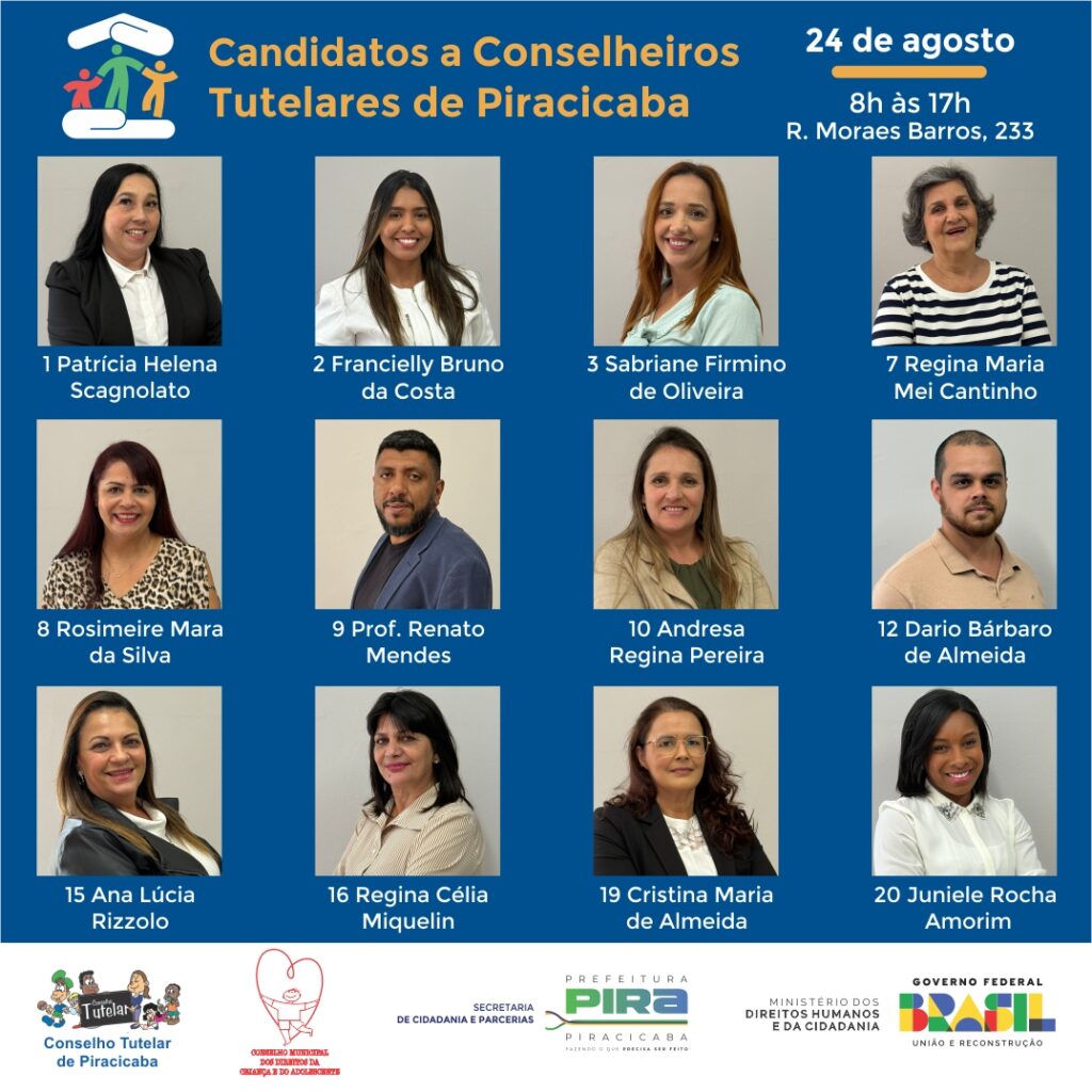 Card com fotos e nomes de candidatos a conselheiros tutelares suplentes de Piracicaba, informando data, horário e local da eleição, acompanhados de logotipos institucionais.