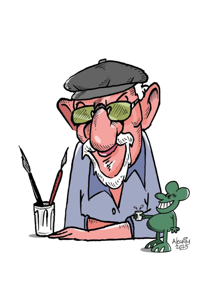 Jaguar é retratado sorridente, com óculos escuros, boina preta e camisa azul. Ele está apoiado em uma mesa, ao lado de pincéis. À frente, aparece um rato verde estilizado, símbolo de suas charges, oferecendo-lhe uma bebida.