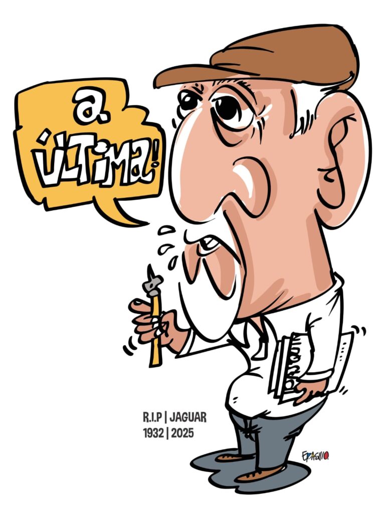 Ilustração em traço cômico de Jaguar, com cabeça grande e corpo pequeno. Ele usa boina marrom, camisa branca e segura uma caneta de desenho. Ao lado, em balão amarelo, está escrito “A última!”. Na base, lê-se: “R.I.P Jaguar, 1932 | 2025”.