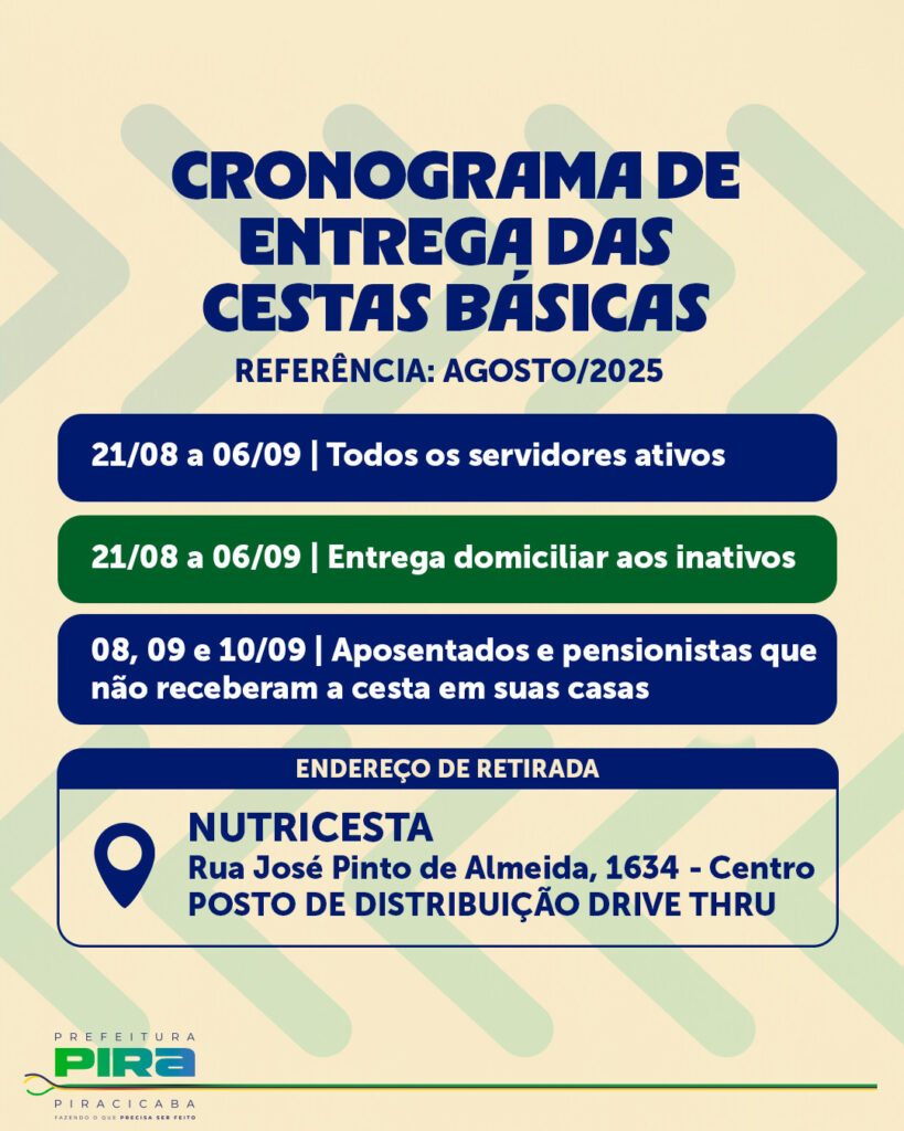 A imagem é um cartaz informativo sobre o cronograma de entrega de cestas básicas em Piracicaba, com referência ao mês de agosto de 2025.O cartaz detalha as datas de entrega para diferentes grupos:*   *Servidores ativos:* de 21 de agosto a 06 de setembro.
*   *Servidores inativos:* entrega domiciliar no mesmo período, de 21 de agosto a 06 de setembro.
*   *Aposentados e pensionistas que não receberam a cesta em suas casas:* de 08 a 10 de setembro.O endereço para retirada das cestas é *NUTRICESTA*, localizada na Rua José Pinto de Almeida, 1634 - Centro, identificada como POSTO DE DISTRIBUIÇÃO DRIVE THRU.O cartaz também apresenta o logotipo da Prefeitura de Piracicaba, com o slogan "FAZENDO O QUE PRECISA SER FEITO".
