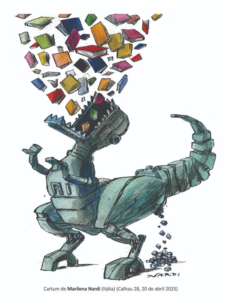 Descrição: Uma criatura metálica em forma de dinossauro com a inscrição “AI” no peito abre a boca e cospe dezenas de livros coloridos para o alto. A cena transmite a ideia de inteligência artificial devorando e transformando informações.
