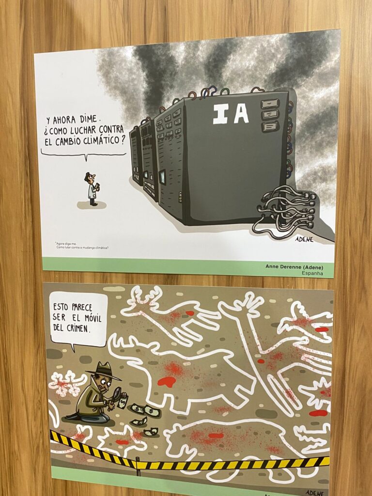 Dois cartuns. Em cima: um cientista aponta para um enorme servidor de computadores com a sigla “IA”. O aparelho solta fumaça preta. A legenda em espanhol diz: “E agora me diga, como lutar contra a mudança climática?” Embaixo: cena policial. Há silhuetas de animais no chão, como se fossem corpos em uma cena de crime, com marcas de sangue. Um investigador observa com lupa. A legenda diz: “Isto parece ser o motivo do crime.”