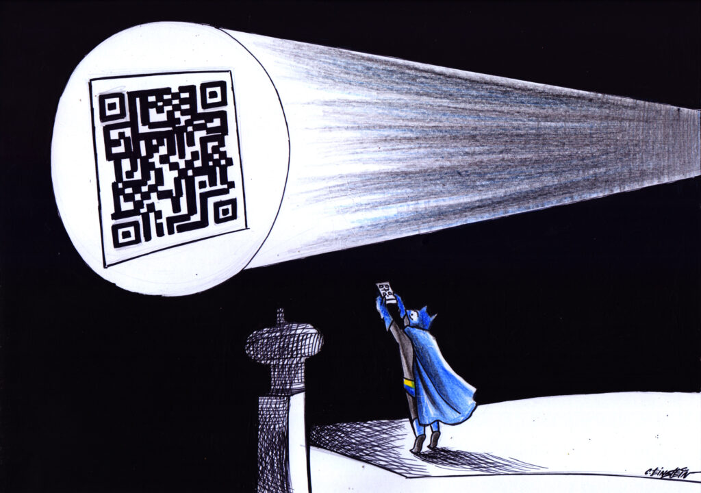 Cartum em preto e branco com toques de azul. Mostra um super-herói semelhante ao Batman projetando no céu, com um holofote, um enorme QR Code. Ele segura o mesmo QR Code nas mãos, de frente para a luz.