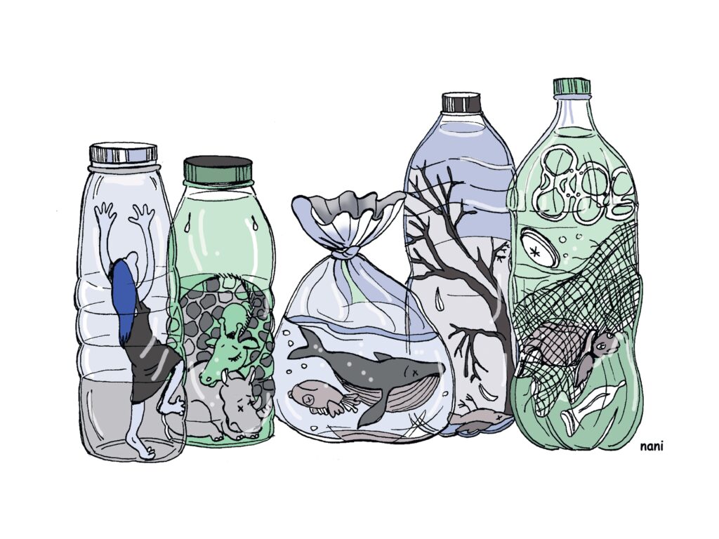 Obra da artista colombiana Nani Mosquera. O desenho traz garrafas plásticas transparentes, cada uma contendo figuras aprisionadas: uma mulher, tartarugas, rinocerontes, baleia, árvore seca e outros animais. A imagem simboliza o impacto do lixo e do plástico na vida e na natureza.