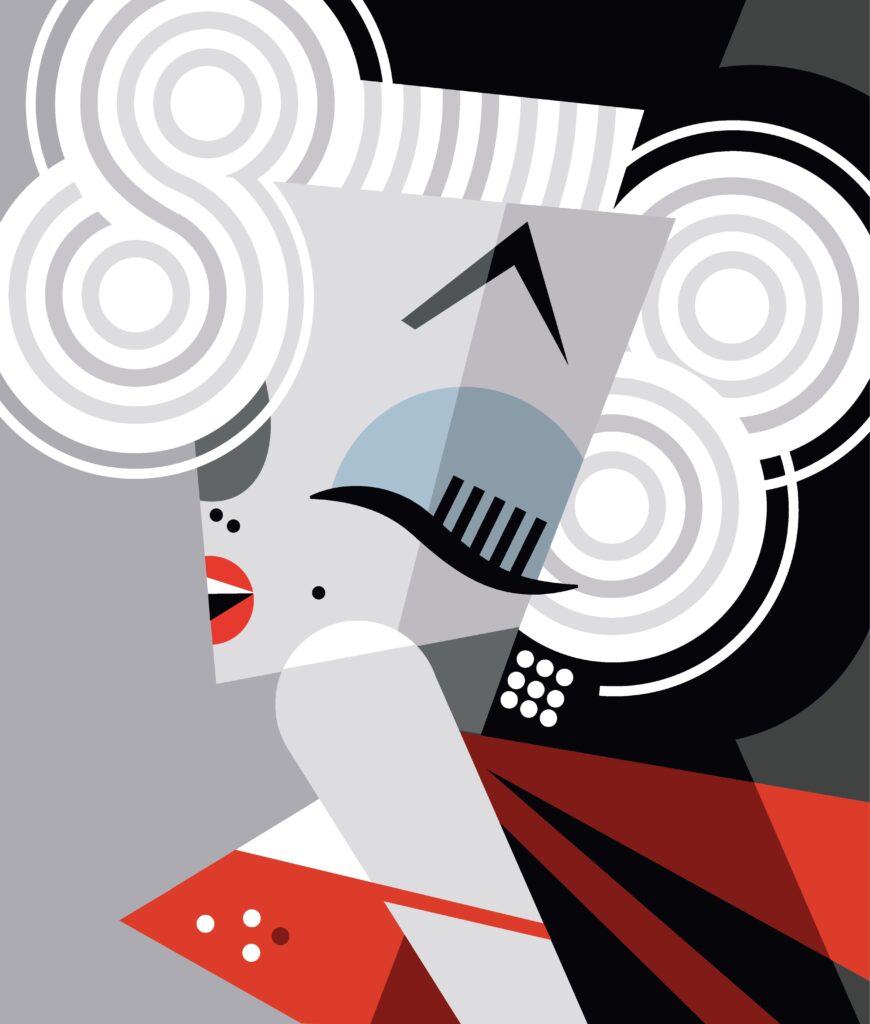 Obra do artista Pablo Lobato para a exposição “Yo no ‘Pablo’ Português”. É uma caricatura geométrica e colorida, em estilo cubista, de uma mulher com cabelo branco volumoso em espirais, maquiagem marcada e roupa vermelha.