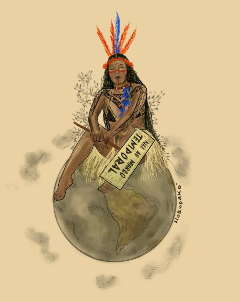 Ilustração de Carina Horopako intitulada Ilustração Ancestral. A obra mostra uma mulher indígena sentada sobre o globo terrestre, trajando cocar de penas vermelhas e azuis e saia de palha. O cartaz que segura traz a frase: “Não ao marco temporal”.