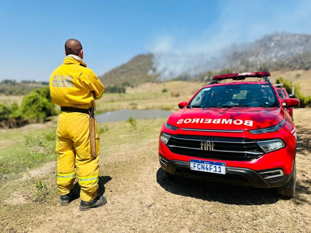 Um bombeiro em uniforme amarelo está de pé em um campo, de costas para a câmera, olhando para a paisagem. Atrás dele, um carro de bombeiros vermelho está estacionado. O carro tem luzes de emergência no teto e a palavra "BOMBEIROS" em letras brancas refletidas no para-brisa. A paisagem ao redor é natural, com grama, algumas árvores e uma colina ao fundo, onde fumaça pode ser vista, indicando um possível incêndio. O céu está claro e azul.