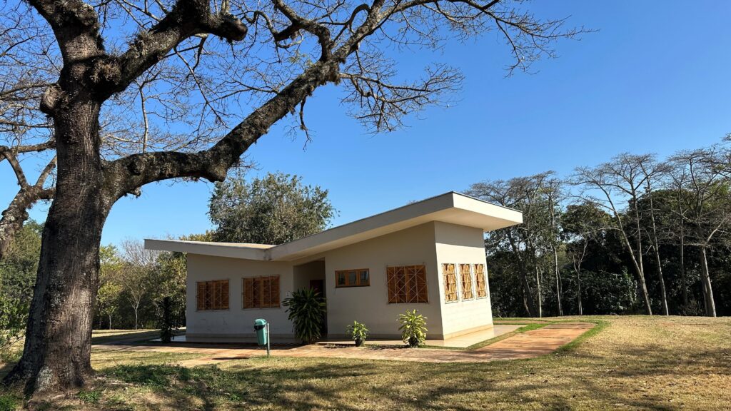 A imagem exibe uma casa moderna com um telhado inclinado e janelas com grades de madeira, emoldurada por uma paisagem natural exuberante. À esquerda, uma árvore antiga e imponente, com galhos retorcidos e cobertos de musgo, domina o primeiro plano, projetando sombras sobre o gramado. Ao fundo, um céu azul claro e limpo contrasta com a vegetação densa, composta por árvores de diferentes portes e espécies, algumas delas com troncos finos e galhos esguios, sugerindo um ambiente tropical ou subtropical. A arquitetura da casa é minimalista, com linhas retas e uma paleta de cores neutras, o que a integra harmoniosamente ao entorno natural. A presença de plantas em vasos na varanda adiciona um toque de vida e cor à fachada. O caminho de tijolos que leva à entrada principal sugere um convite à exploração do espaço.