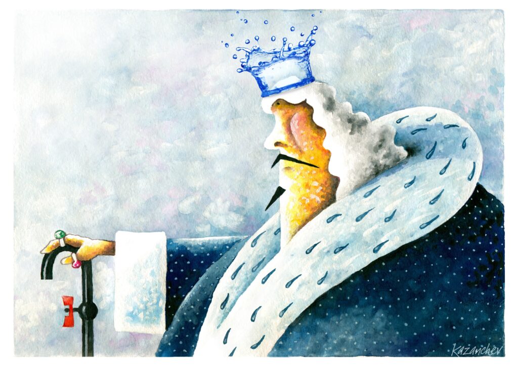 A imagem é uma aquarela que retrata uma figura realística e caricata de um rei. O rei está em perfil, voltado para a esquerda, com um fundo que sugere um céu nublado ou um papel texturizado em tons de azul claro, branco e toques de rosa. Ele usa uma coroa feita de água em movimento, com gotas espirrando para cima. Seu rosto é proeminente, com uma pele texturizada em tons de amarelo e laranja, sugerindo um tom de pele bronzeado ou talvez uma representação estilizada. Ele tem um nariz aquilino, um bigode fino e pontudo e uma barba espetada que se estende para baixo. O rei está vestido com um manto real de pele branca e espessa, que se estende até o ombro e é adornado com gotas azuis estilizadas, semelhantes a lágrimas ou gotas de chuva. Por baixo do manto, ele usa uma túnica azul escura com pequenas bolinhas brancas.