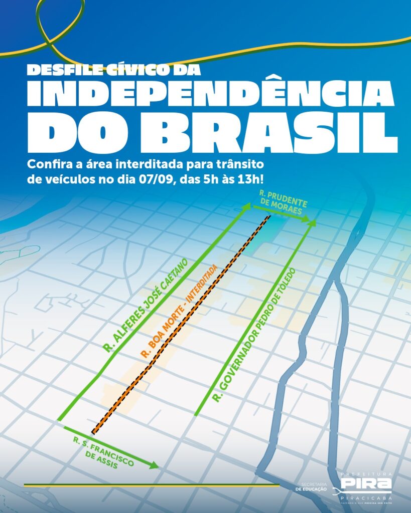 A imagem é um cartaz anunciando o desfile cívico do Dia da Independência do Brasil. No topo, em letras grandes e brancas, está escrito "DESFILE CÍVICO DA INDEPENDÊNCIA DO BRASIL". Logo abaixo, em texto menor, informa sobre as restrições de trânsito: "Confira a área interditada para trânsito de veículos no dia 07/09, das 5h às 13h!". Na parte inferior do cartaz, há um mapa estilizado indicando as ruas que estarão fechadas. Várias ruas estão destacadas com linhas coloridas e rótulos: * Uma linha verde marca "R. PRUDENTE DE MORAES". * Outra linha verde marca "R. ALFERES JOSÉ CAETANO". * Uma linha laranja pontilhada indica "R. BOA MORTE - INTERDITADA". * Uma linha verde aponta para "R. GOVERNADOR PEDRO DE TOLEDO". * Uma linha verde indica "R. S. FRANCISCO DE ASSIS". O cartaz também inclui logotipos no canto inferior direito: "SECRETARIA DE EDUCAÇÃO" e "PREFEITURA PIRA PIRACICABA FAZENDO O QUE PRECISA SER FEITO". A paleta de cores é azul com detalhes em amarelo, evocando a bandeira do Brasil.