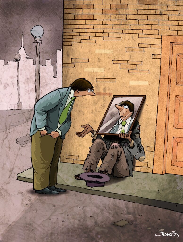 A imagem retrata uma cena urbana com forte contraste social. Um homem bem vestido, de terno azul, calça marrom e gravata verde, está em pé na calçada, olhando para baixo. Ele parece estar em uma posição de superioridade ou julgamento. Sentado no chão, encostado em uma parede de tijolos, há um homem em situação de rua. Ele veste roupas rasgadas e remendadas, e um chapéu roxo está aberto a seus pés, possivelmente para receber doações. O homem necessitado segura um espelho retangular, no qual reflete a imagem do homem bem vestido. A expressão no rosto do homem no espelho é de surpresa ou espanto, como se ele estivesse vendo a si mesmo através dos olhos do outro. Ao fundo, a paisagem urbana é sugerida com silhuetas de edifícios e um poste de iluminação, em tons mais escuros e sombrios, contrastando com a luz que ilumina a cena principal.